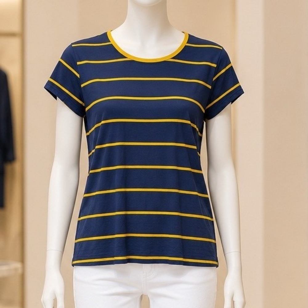 Calvin Klein Jeans Womens T-Shirt Navy Blue Yellow Striped Ringer Large
